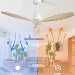 Ventilateur plafond 132 cm bois massif, 3 pales, moteur DC réversible, télécommande, sans lumière