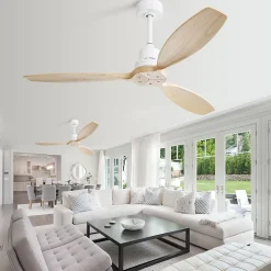 Ventilateur plafond 132 cm bois massif, 3 pales, moteur DC réversible, télécommande, sans lumière