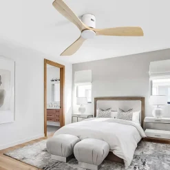 Ventilateur plafond 132 cm bois naturel, moteur DC réversible, télécommande, silencieux