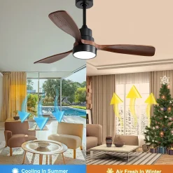 Ventilateur plafond 122 cm bois, 3 pales solides, moteur DC réversible, télécommande