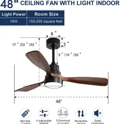 Ventilateur plafond 122 cm bois, 3 pales solides, moteur DC réversible, télécommande