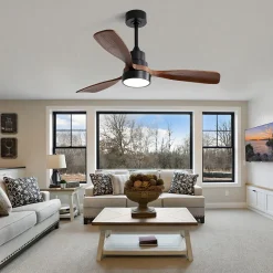 Ventilateur plafond 122 cm bois, 3 pales solides, moteur DC réversible, télécommande