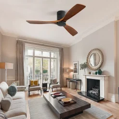 Ventilateur plafond 132 cm DC, pales bois sculpté, moteur réversible silencieux, télécommande, sans lumière