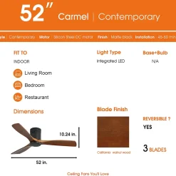 Ventilateur plafond 132 cm DC, pales bois sculpté, moteur réversible silencieux, télécommande, sans lumière