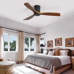 Ventilateur plafond 132 cm DC, pales bois sculpté, moteur réversible silencieux, télécommande, sans lumière