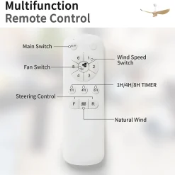 Ventilateur plafond 132 cm sans lumière, moteur DC réversible, 3 pales ABS, 6 vitesses, télécommande