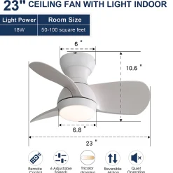 Ventilateur plafond 23 pouces, 3 pales ABS, moteur DC réversible, télécommande, LED 18W