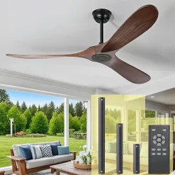 Ventilateur Plafond DC Reversible Silencieux Noir et Bois Sans Lumière, Telecommande 108 cm - EXQUIO