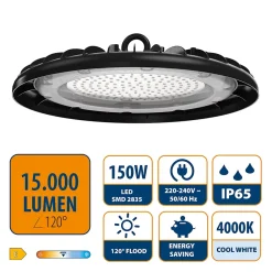 WELLS : Highbay LED 150W, DOB, 15.000 lumens en aluminium. Noir