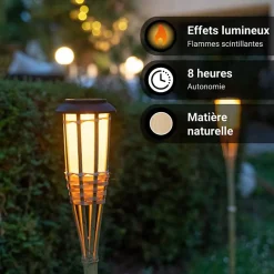 Xanlite - Balise solaire LED IP44 en bambou, effet flambeau, 74 cm, IP44 - SOBABAM