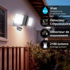 Xanlite - Projecteur mural PMMA 2 têtes 30W (2x15W), IP44, détecteur de mouvement, 2100 lumens, Blanc froid - PR30WM2TFLD