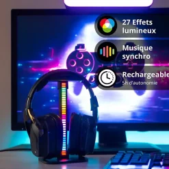 Xanlite - Support de casque avec barre lumineuse LED RVB Digital, Synchronisation sonore, rechargeable USB - BISRVBM