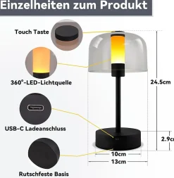 ZMH Lampe à Poser De Chevet LED à Piles Noire Intensité Variable Sans Fil Rechargeable Par USB-c