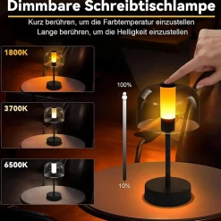 ZMH Lampe à Poser De Chevet LED à Piles Noire Intensité Variable Sans Fil Rechargeable Par USB-c