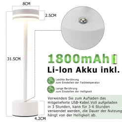ZMH Lampe à Poser LED De Table - Sans Fil Tactile Intensité Variable H.32 Cm- Blanche- Lot De 2