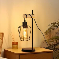 ZMH Lampe à Poser Noir En Bois Vintage E27 Lampe De Chevet Chambre à Coucher Lampe De Table