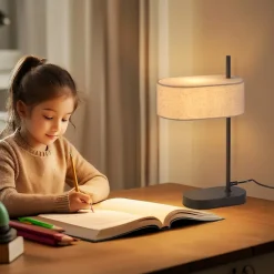 ZMH Lampe De Bureau Vintage 2x, Noir, E14, 44,5cm, Abat-jour En Lin, Avec Interrupteur, Sans Ampoule