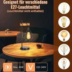ZMH Lampe De Table Vintage En Bois Noir - Style Industriel, Douille E27 Métal (ampoule Non Incluse)