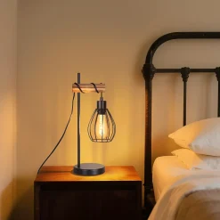 ZMH Lampe De Table Vintage En Bois Noir - Style Industriel, Douille E27 Métal (ampoule Non Incluse)