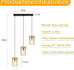 ZMH Suspension Salle à Manger 1/3 Flammes E27 Transparent Suspension Chambre Hôtel