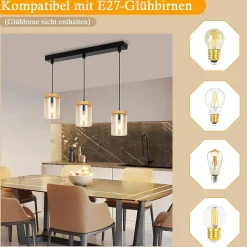 ZMH Suspension Salle à Manger 1/3 Flammes E27 Transparent Suspension Chambre Hôtel