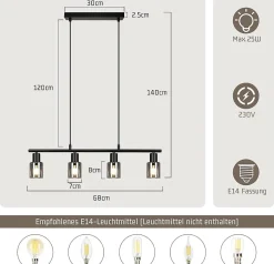 ZMH Suspension Salle à Manger 4 Flammes Vintage Verre E14 25W Lampe à Suspendre Pour Salon Cuisine