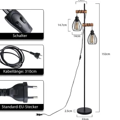 ZMH Lampadaire Salon Noir Lampadaire sur pied Vintage lampadaire Bois 2 luminaire E27 152cm Avec Interrupteur