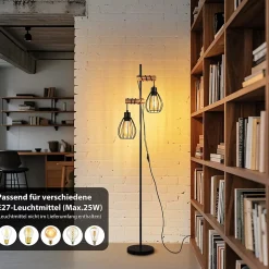 ZMH Lampadaire Salon Noir Lampadaire sur pied Vintage lampadaire Bois 2 luminaire E27 152cm Avec Interrupteur