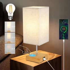 ZMH Lampe De Table Touch-dimmable Avec Fonction De Recharge USB Et Abat-jour En Tissu