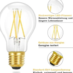 ZMH Lot De 6 LED E27 A60 4w 2700k Filament Edison Verre Transparent Blanc Chaud Style Rétro
