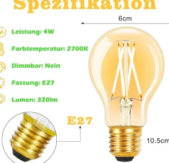 ZMH Lot De 6 LED E27 A60 4w 2700k Filament Edison Verre Transparent Blanc Chaud Style Rétro