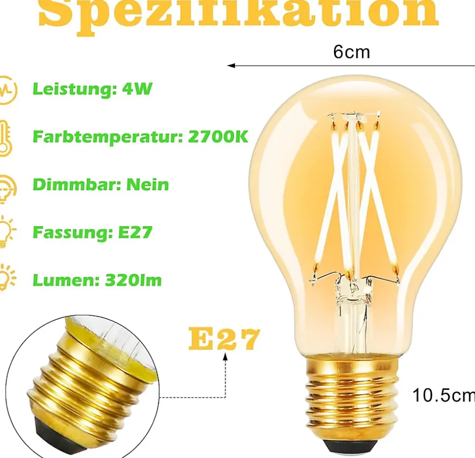 ZMH Lot De 6 LED E27 A60 4w 2700k Filament Edison Verre Transparent Blanc Chaud Style Rétro
