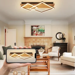 ZMH Plafonnier LED Bois Dimmable 55cm 36w Design Carré Géométrique Télécommande Pour Chambre.