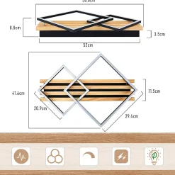 ZMH Plafonnier LED Bois Dimmable 55cm 36w Design Carré Géométrique Télécommande Pour Chambre.
