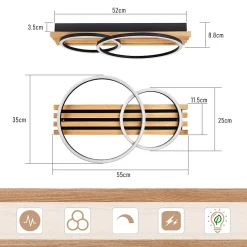 ZMH Plafonnier LED En Bois Dimmable 55 Cm 36w 2 Anneaux Design Géométrique,Avec Télécommande