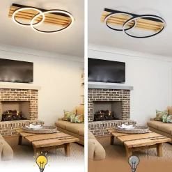 ZMH Plafonnier LED En Bois Dimmable 55 Cm 36w 2 Anneaux Design Géométrique,Avec Télécommande