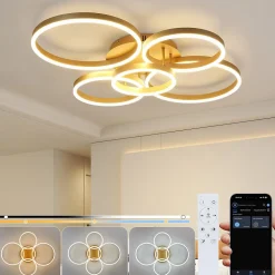 ZMH Plafonnier LED Plafonnier Salon 78w Avec Télécommande 5 Anneaux Lampe De Chambre Dorée
