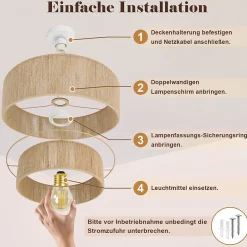 ZMH Plafonnier Salon Design Bohème Lampe De Cuisine E27 Vintage En Corde De Jute (sans Ampoule)