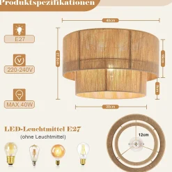 ZMH Plafonnier Salon Design Bohème Lampe De Cuisine E27 Vintage En Corde De Jute (sans Ampoule)