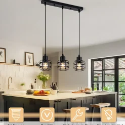 ZMH Suspension 3 Flamme Métal E14 Noir Réglable Hauteur Vintage Sans Ampoule