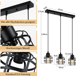 ZMH Suspension 3 Flamme Métal E14 Noir Réglable Hauteur Vintage Sans Ampoule