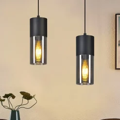 ZMH Suspension 1 Lumière Noir E27 Abat-jour En Verre Fumé Gris Industrielle Lampe à Suspendre