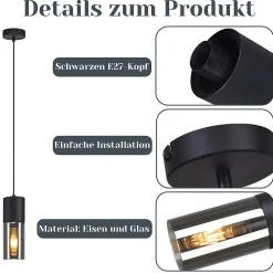ZMH Suspension 1 Lumière Noir E27 Abat-jour En Verre Fumé Gris Industrielle Lampe à Suspendre