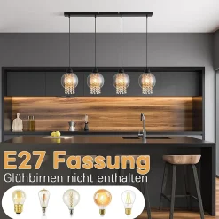 ZMH Suspension Salle à Manger 4 Flammes E27 Cristal Ruachgrau Suspension Chambre à Coucher