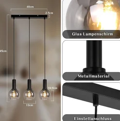 ZMH Suspension Salle à Manger 3 Flammes E27 Suspension Rétro Verre Chambre Bar
