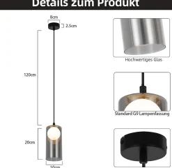 ZMH Suspension Salle à Manger Noir 1 Flamme G9 Verre Vintage Suspension Chambre à Coucher