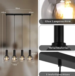 ZMH Suspension Salle à Manger 4 Flammes E27 Rétro Suspension Verre Chambre Bar