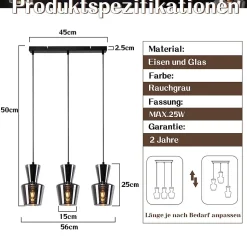 ZMH Suspension Salle à Manger 1/3 Flammes E27 Gris Fumé Suspension Chambre Hôtel