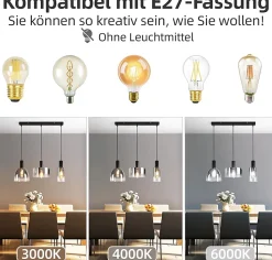 ZMH Suspension verre 3 Flammes suspendue E27 Gris Fumée Hauteur réglable Lampe à suspension Moderne