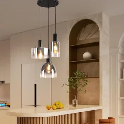 ZMH Suspension Verre 3/4 Flammes E27 Gris Fumée 180cm Lampe à suspension Cage D'escalier